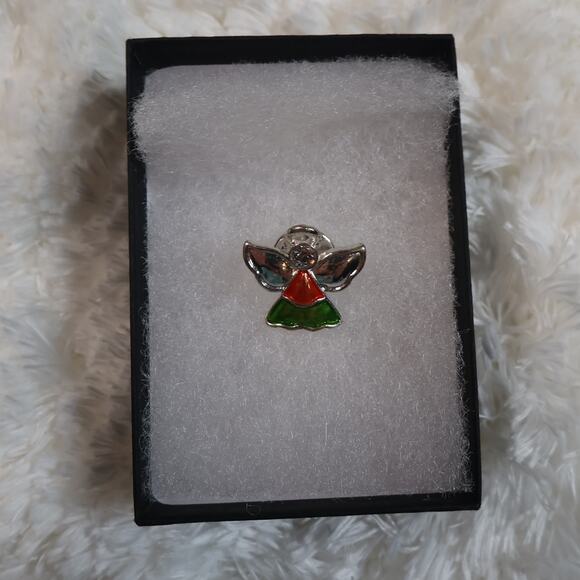 VTG Guardian Angel Tac Pin - 18K Gold Finish with Red & Green European Crystals - Picture 2 of 6